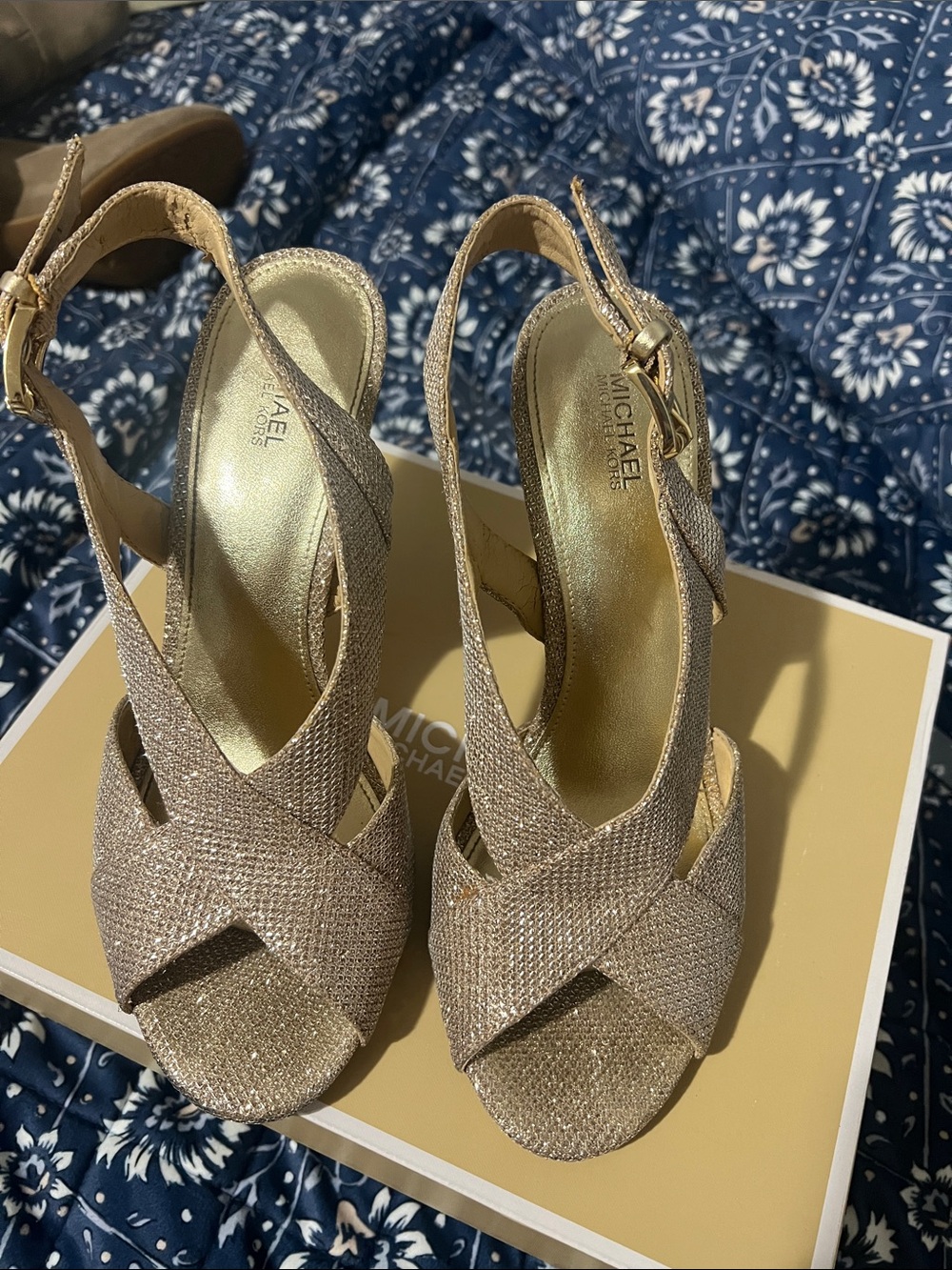 Michael Kors Champagne Glitter Crisscross Slingback Heels